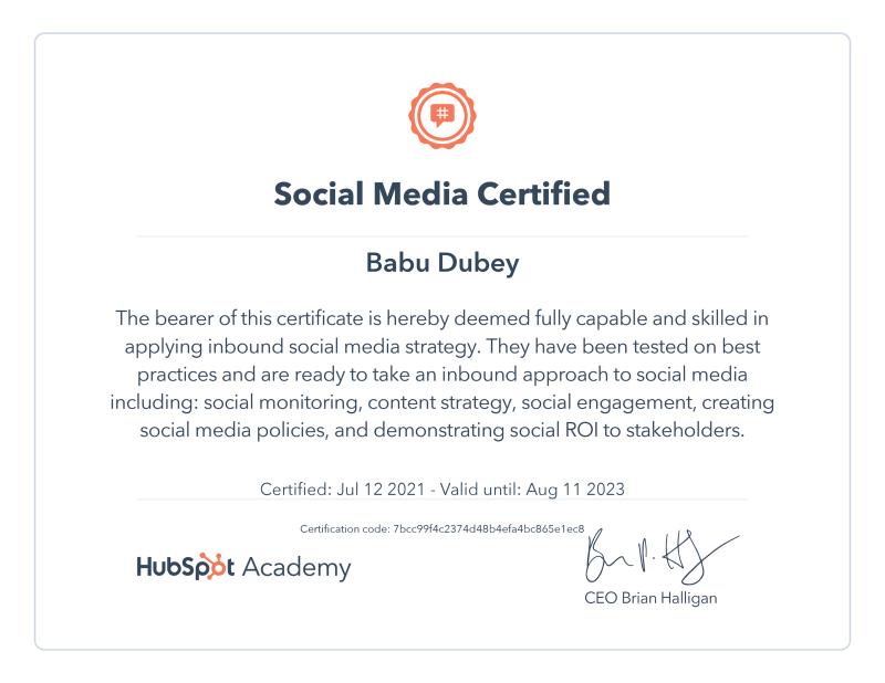 About 15 certificate hubspot social media